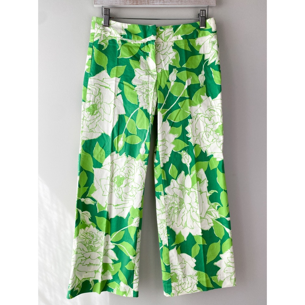 Trina Turk Women Wide Leg Pants 0 Green Capri Floral Resortwear Coastal Vacation